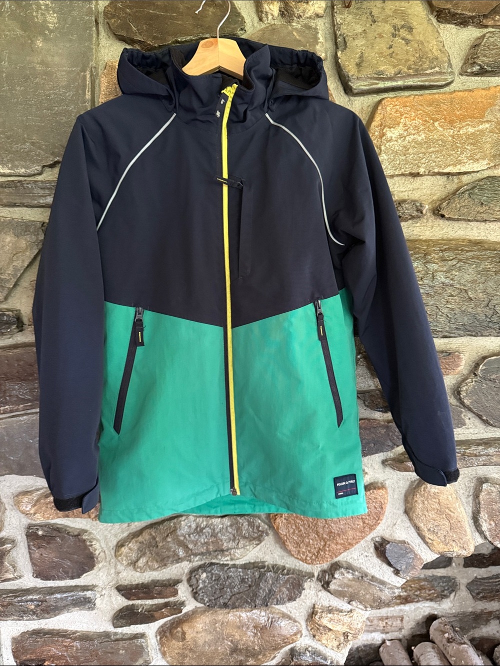 Polarn O. Pyret Black & Green Hooded Kids Shell Jacket with Yellow Zipper